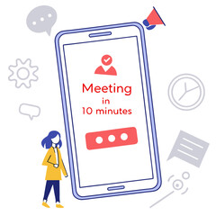 Woman standing next to a large phone displaying a meeting reminder with various icons surrounding it