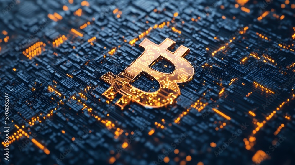 Poster golden bitcoin symbol embedded in a glowing circuit board, representing cryptocurrency technology.