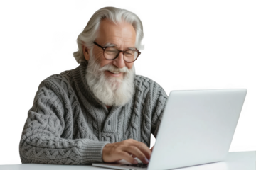 Smiling senior man using laptop isolated on transparent background