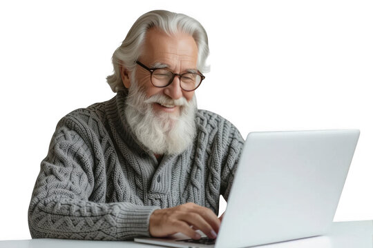 Smiling senior man using laptop isolated on transparent background