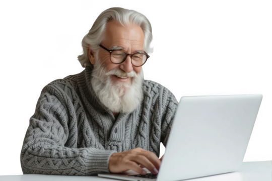 Smiling senior man using laptop isolated on transparent background