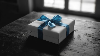 White gift box with blue ribbon on dark wood table near window.