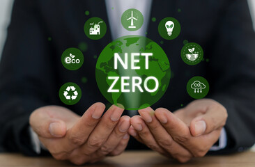 Net zero carbon emission with clean energy, co2 reduction, recycling, sustainability strategy,...