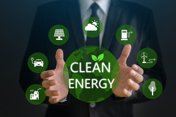 Clean energy concept with renewable power, solar energy, wind turbine, electric car, co2 reduction,...