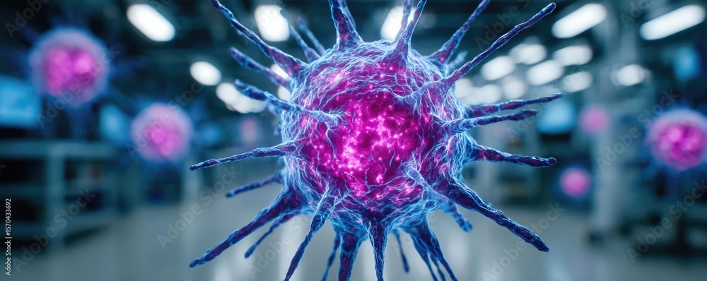 Poster oncology research treatment with monitoring mechanism concept. close-up of a colorful, abstract micr