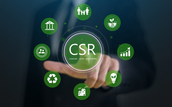 People showing csr concept in business supporting corporate social responsibility, clean energy, green eco environment, esg strategy, sustainable development and social impact for better corporate