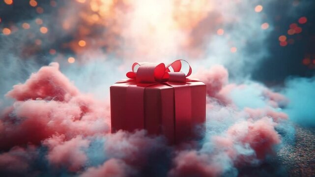 A red gift box nestled amidst swirling pink and blue smoke