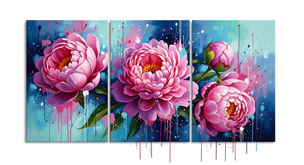 Stunning artistic triptych painting of vibrant pink peony flowers with watercolor background