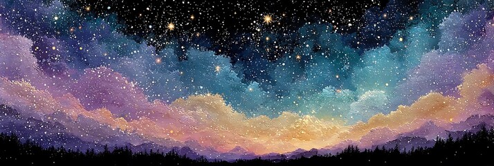 Colorful Panorama of a Starry Night Sky with Clouds Painting