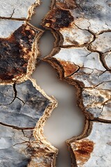 Abstract of deeply cracked earth with a winding water channel, illustrating the environmental vulnerability of a drought-stricken landscape