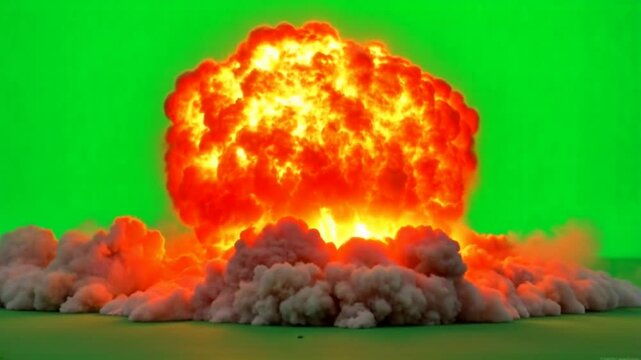 Visual effects of a nuclear explosion featuring fire, thick smoke, and a rising mushroom cloud, isolated on a green screen for compositing purposes