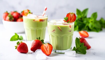 Strawberry Matcha Latte in Glass Cup with Ice