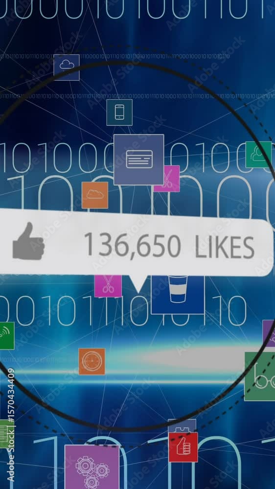 Poster animation of speech bubble with likes and numbers, digital icons over binary coding on blue