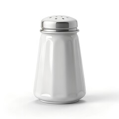 Classic white salt shaker with silver lid isolated on white background