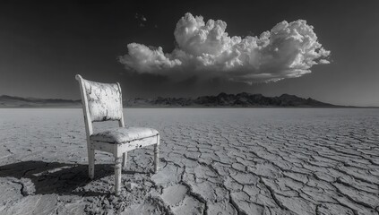Weathered chair stands alone on cracked desert ground, framed by a dramatic cloudy sky. This stark black and white landscape evokes deep solitude, timelessness, and desolation