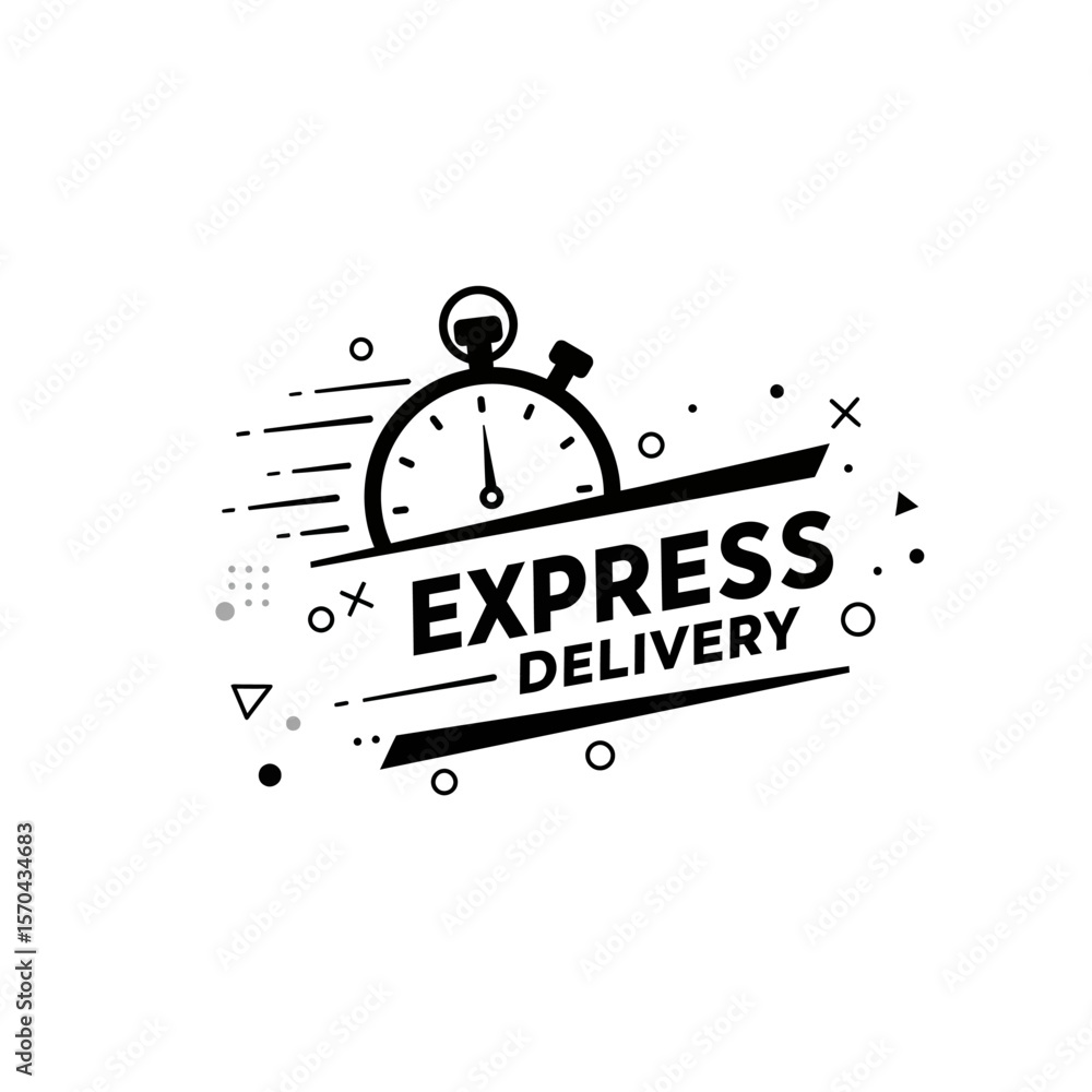 Poster fast express delivery service emblem featuring a stopwatch and dynamic lines.
