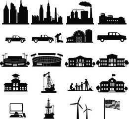 Obraz premium Diverse Industrial, City, and Infrastructure Silhouette Icon Set: Skyscrapers, Factories, Stadiums, Farms, Oil Rigs, Windmills, Pickup Trucks, Schools, and American Flag for Economy and Development.