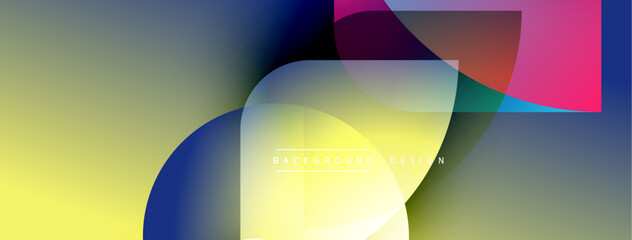 Obraz premium Abstract geometric shapes overlap, creating vibrant color gradients. Yellow dominates left side, transitioning to blue, purple, pink. Modern design element.