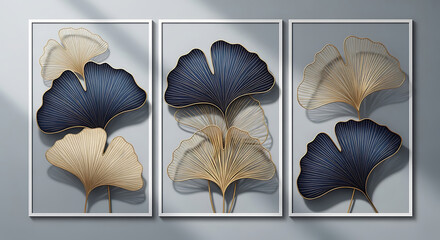 Elegant ginkgo biloba leaf art in triptych with gold and navy blue accents