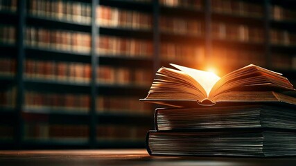 An open book atop stacked volumes in a serene library setting. - Powered by Adobe