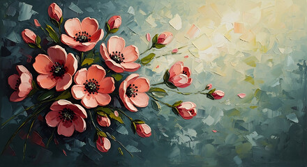 Beautiful artistic floral composition with pastel pink flowers and textured oil paint brushstrokes