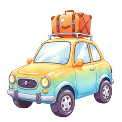 Watercolor Car With Luggage Illustration Travel Adventure Vacation