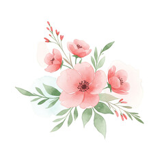 Watercolor Floral Bouquet Pink Flower Leaf Illustration Art