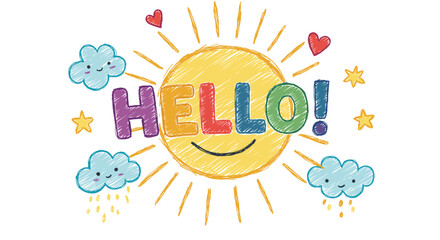 Fototapeta premium Colorful sunny illustration with the word 'Hello' and clouds 