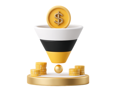 Golden coin in a funnel, symbol of efficient wealth management and investment strategy