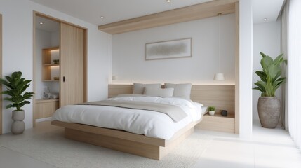 fresh and modern bedroom with white walls, light wood furniture, and minimalist decor, the soft glow of ambient