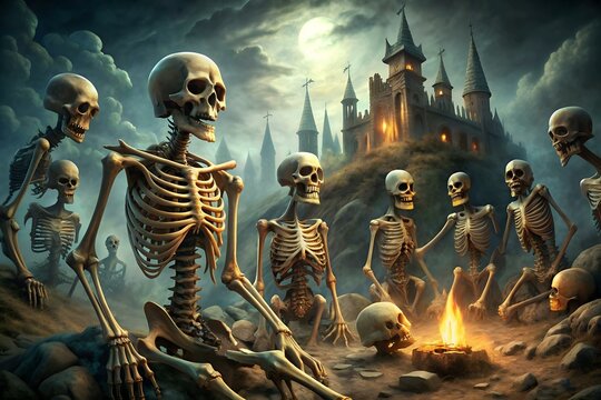 A group of skeletons in varying states of mutilation gather around a fire in a valley below a ruined castle on a moonlit night.