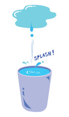Leaky roof with dripping and splashing water into full water bucket. Illustration with simple flat cartoon style isolated on vertical white background.