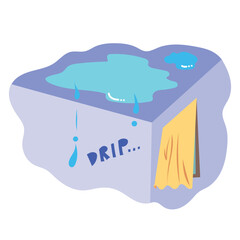 Leaky roof with water dripping from indoor room ceiling. Illustration with simple flat cartoon style isolated on square white background.