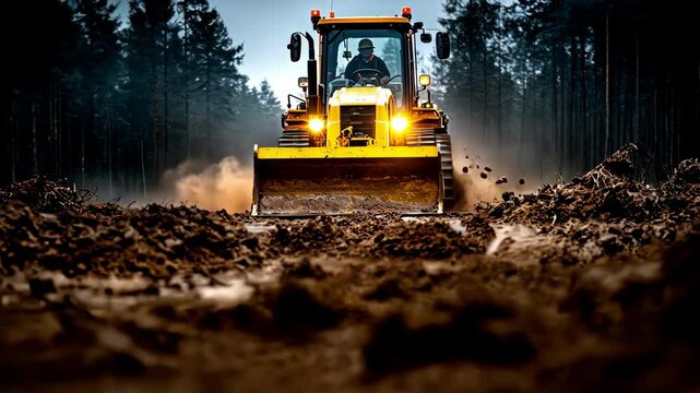 A bulldozer operates in a dusty forest setting, clearing land.
