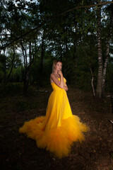 A captivating woman in a stunning yellow gown posed gracefully in a serene, enchanting forest...