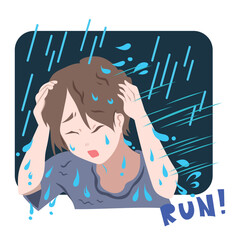 Young person running or escaping from pouring rain. Illustration with simple flat cartoon style isolated on square white background.