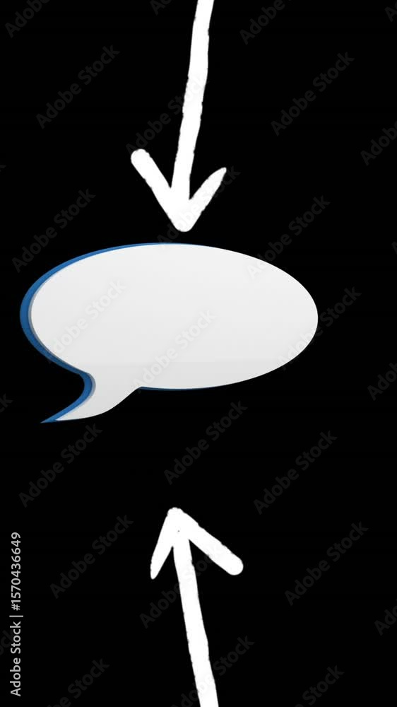Aufkleber animation of white arrows pointing to speech bubble with copy space on black background