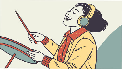 a woman playing a playing drum set, creating musical entertainment