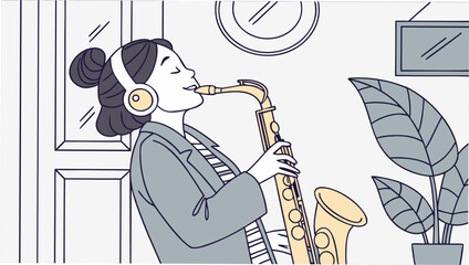 a happy woman playing a playing saxophone, creating musical entertainment