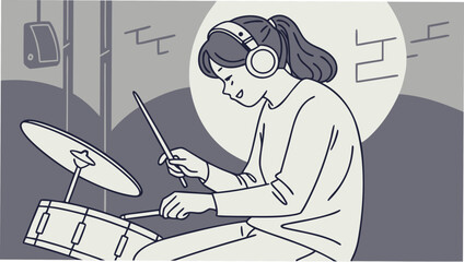 a woman playing a playing drum set, creating musical entertainment