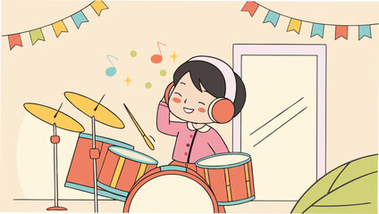 a child playing a playing drum set, creating musical entertainment