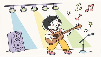 Cartoon vector illustration of a fun rock star woman playing guitar, perfect for music and art designs
