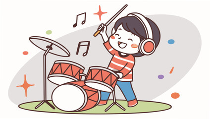 a child playing a playing drum set, creating musical entertainment