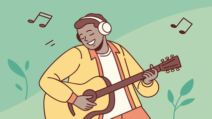 Cartoon vector illustration of a happy boy playing an electric guitar