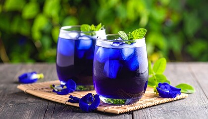 Butterfly Pea Lemonade with Ice Cubes and Mint