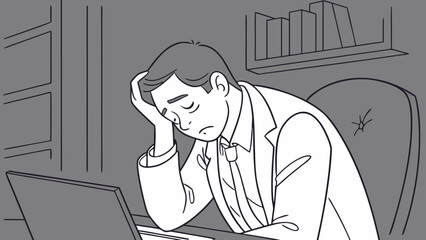 Cartoon illustration of tired businessman in office works at his desk, focused on the laptop, a diligent worker managing his job