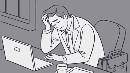 tired businessman in office works at his desk, focused on the laptop, a diligent worker managing his job