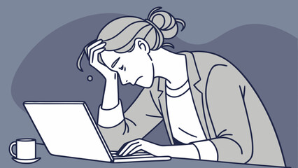 Cartoon vector illustration of tired woman working on laptops at an office desk
