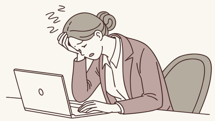 Cartoon vector illustration of tired people working on laptops at an office desk