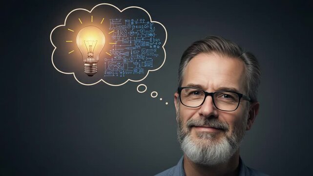 Thoughtful man envisioning ideas with light bulb graphic